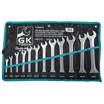 GK TOOLS Sada plochých klíčů, matné 12 dílů | 6-32 mm, textilní obal - 1